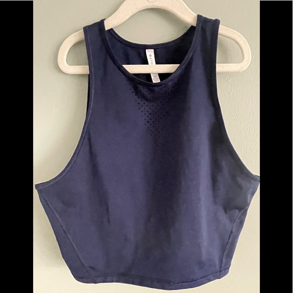 Athleta crop top, size xs. Navy blue. Open holes in front and back for venting